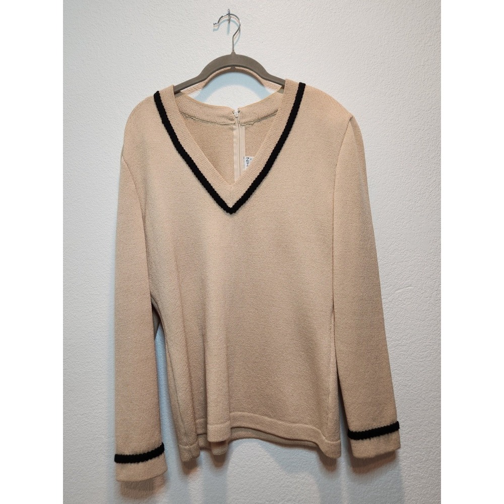 St John Collection Knit Sweater Beige Black Trim V Neck Zip Back Size M